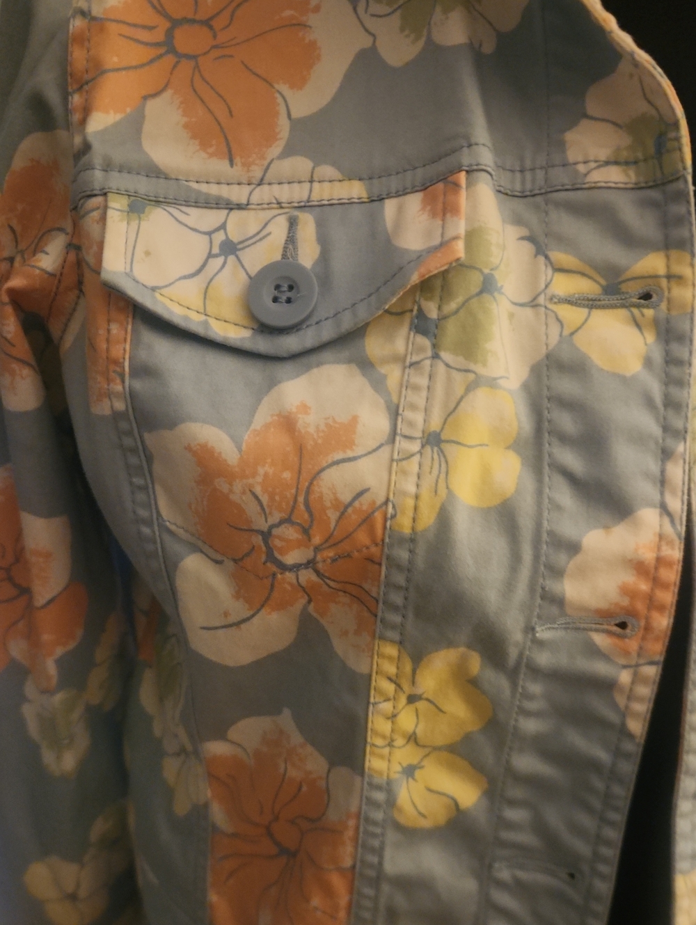 Liz Claiborne Floral Cropped Jean Jacket - Gray with Yellow & Orange Blooms - Picture 2 of 3